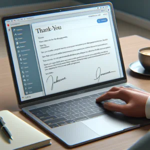 Thank-you email on a laptop screen, placed on a tidy desk with a coffee cup and notebook nearby.