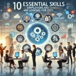 Infographic showcasing essential skills employers are looking for in 2025, including adaptability, digital literacy, data analysis, AI proficiency, communication, emotional intelligence, problem-solving, and leadership.