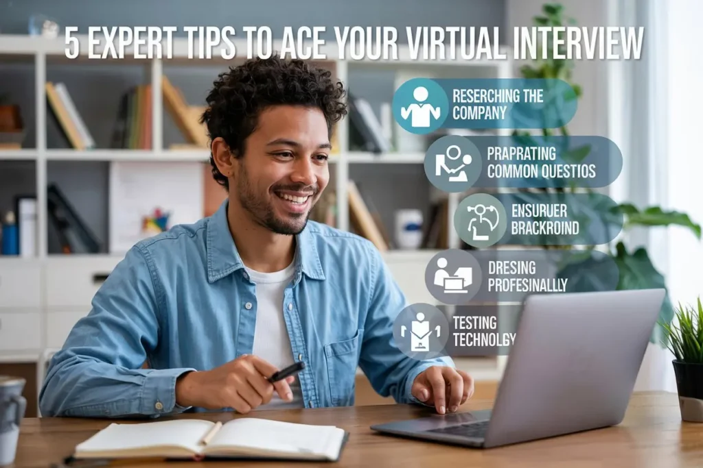 Professional candidate in a virtual interview setup at home