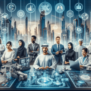 Professionals representing top jobs in a futuristic UAE office.