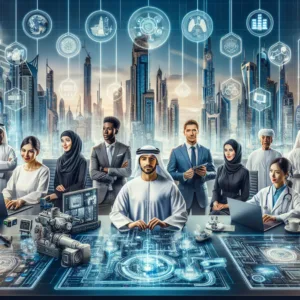 Professionals representing top jobs in a futuristic UAE office.