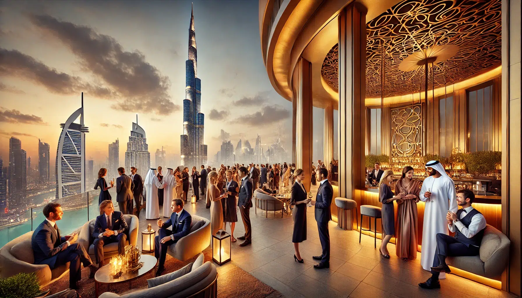 Elegant rooftop gathering at a Dubai hotel with Burj Khalifa in the background.