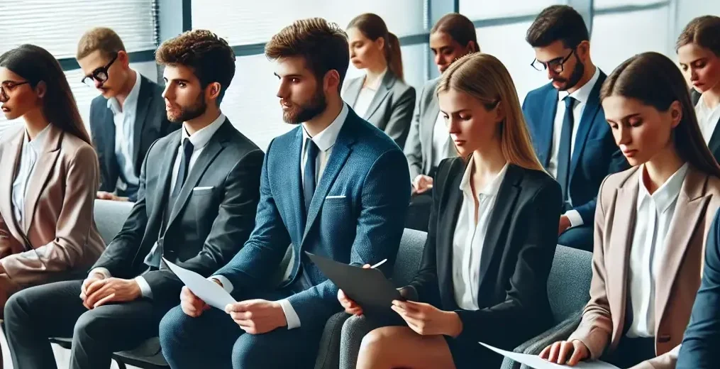 A group of male and female candidates sitting in a modern office waiting room for their job interview.