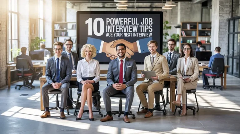 Confident professional in a job interview setting, shaking hands with an employer across a modern office desk.
