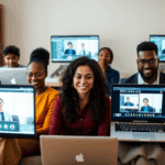 Group of professionals in a virtual job interview using multiple screens.