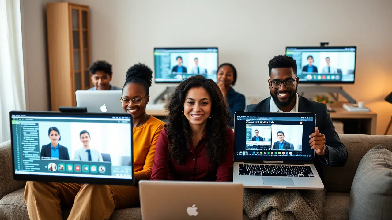 Group of professionals in a virtual job interview using multiple screens.