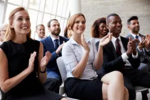 A group of professionals collaborating in a modern office space.
