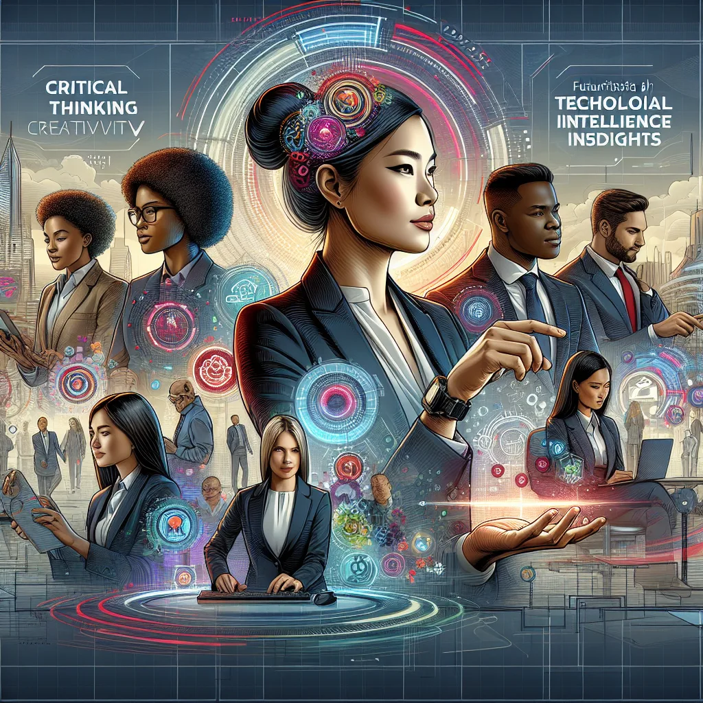 A futuristic illustration of diverse professionals collaborating in a high-tech office, symbolizing top skills for 2025.