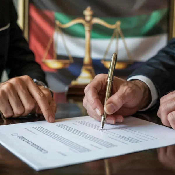 Hands signing a contract related to UAE labor law, with law scale symbol and UAE flag colors.