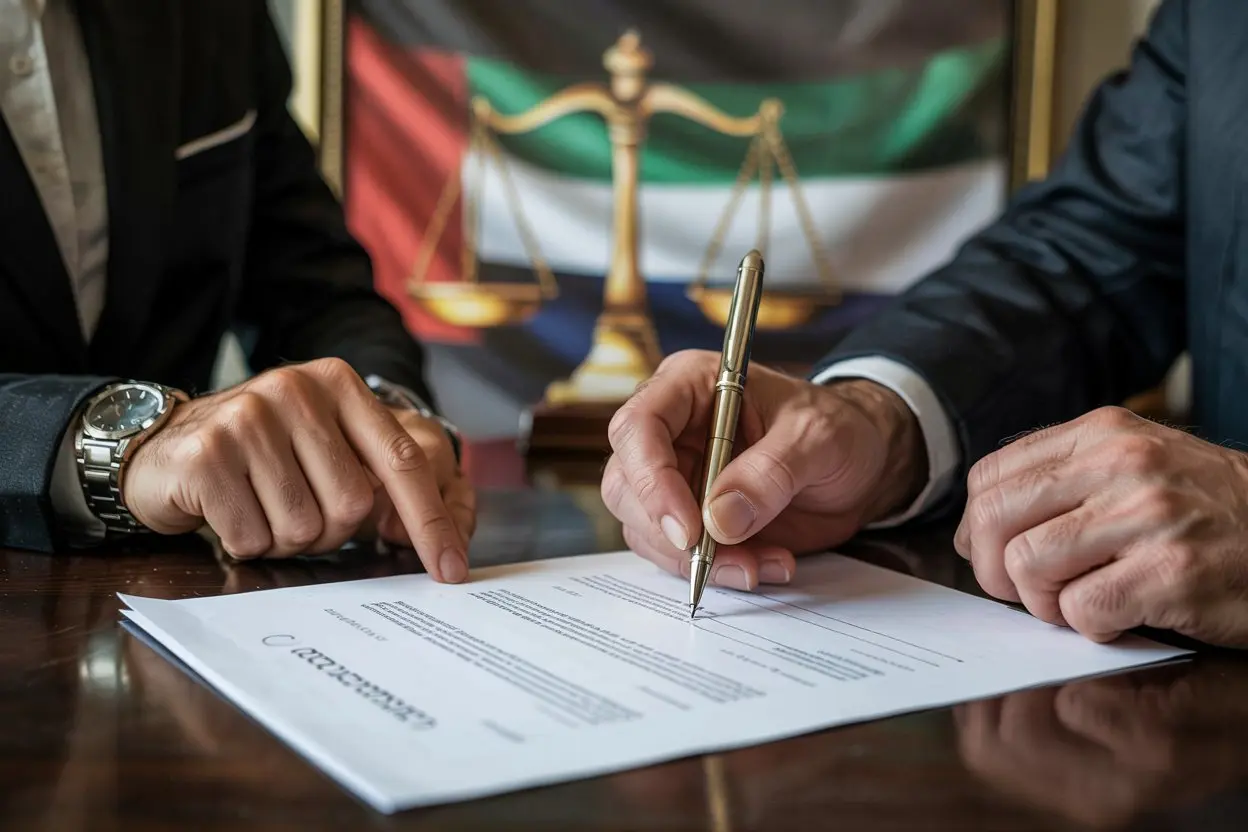 Hands signing a contract related to UAE labor law, with law scale symbol and UAE flag colors.