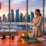 European professional smiling in front of a modern Gulf city skyline, symbolizing career growth and financial success abroad.