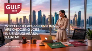 European professional smiling in front of a modern Gulf city skyline, symbolizing career growth and financial success abroad.
