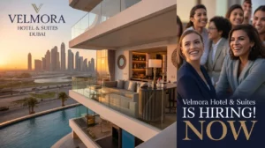 Abstract image representing luxury hotel careers at Velmora Hotel & Suites with Dubai skyline elements.