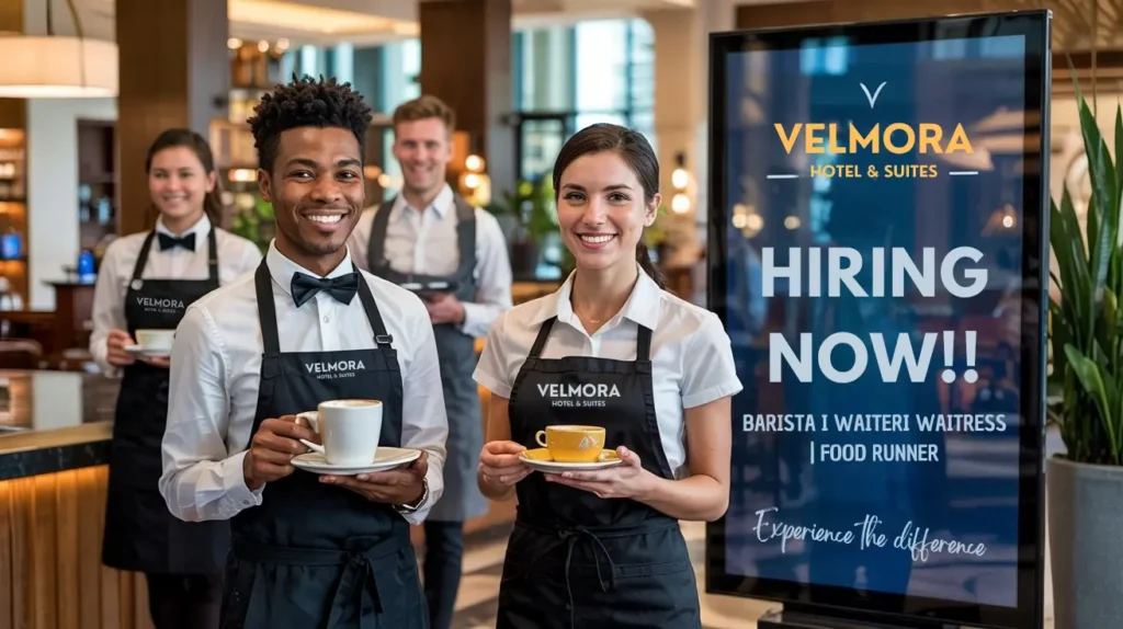 Velmora Hotel staff hiring for waiter, waitress, barista, and food runner positions in Dubai