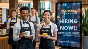 Velmora Hotel staff hiring for waiter, waitress, barista, and food runner positions in Dubai