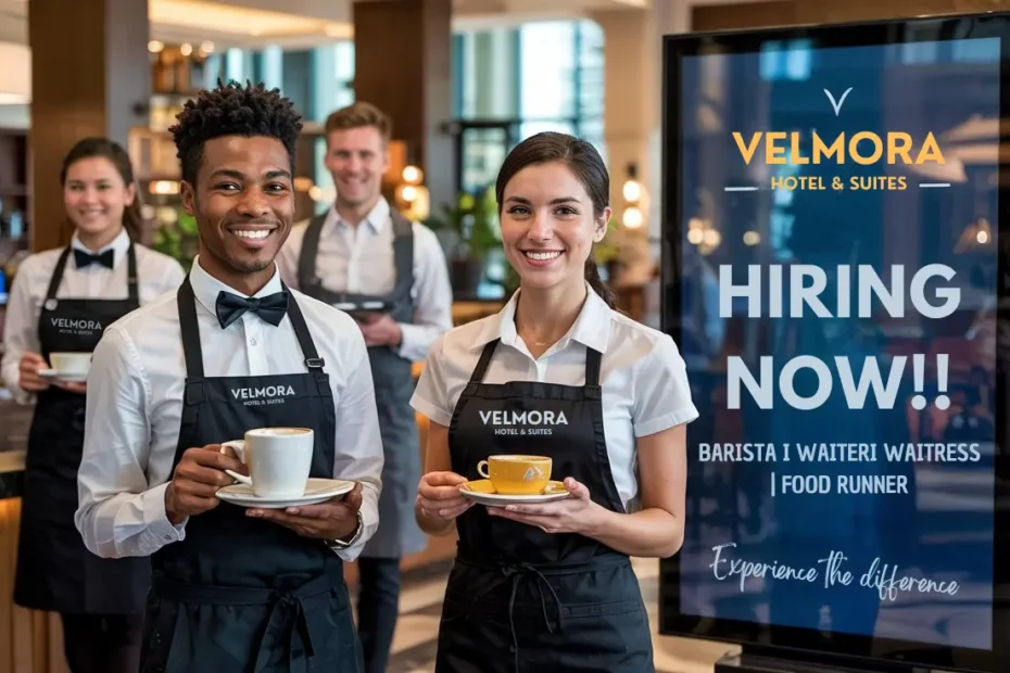 Velmora Hotel staff hiring for waiter, waitress, barista, and food runner positions in Dubai