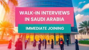 Saudi Arabia skyline with professionals preparing for interview seminar