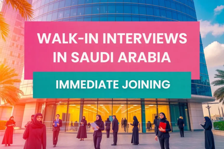 Saudi Arabia skyline with professionals preparing for interview seminar