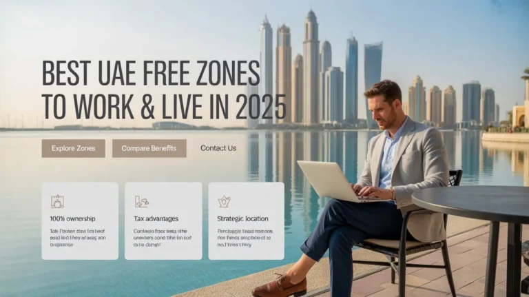 Best Free Zones in the UAE to Work and Live in 2025 3 Businessperson working near Dubai skyline in a UAE Free Zone
