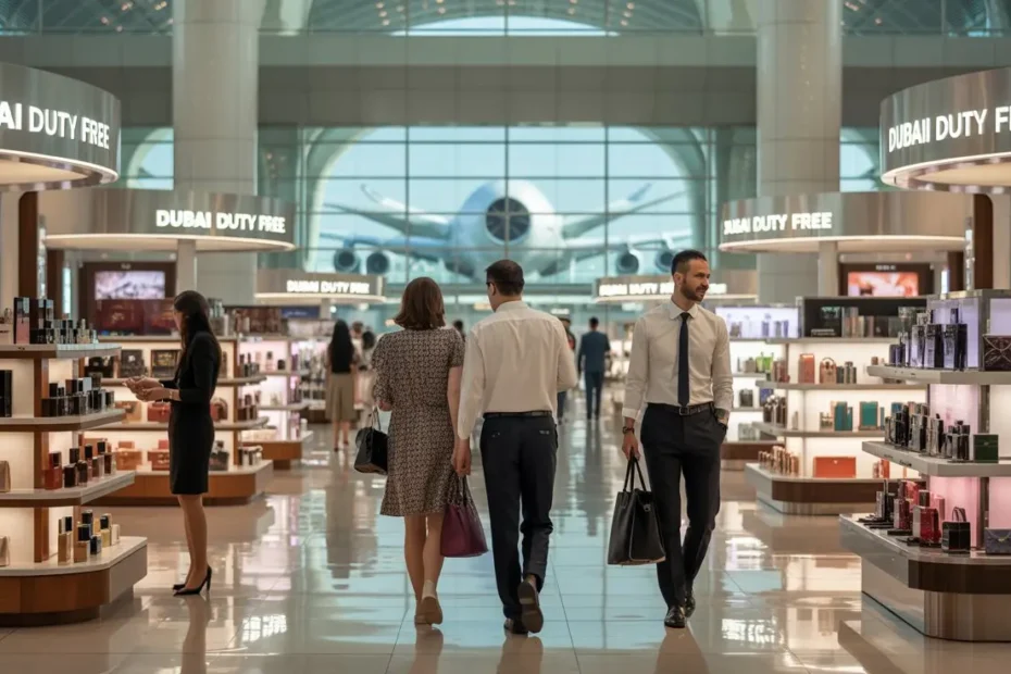 Dubai Duty Free retail store at Dubai International Airport with staff and shoppers