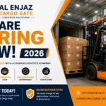 Al Enjaz Cargo Gate hiring banner showing a forklift loading cargo inside a modern warehouse in the UAE
