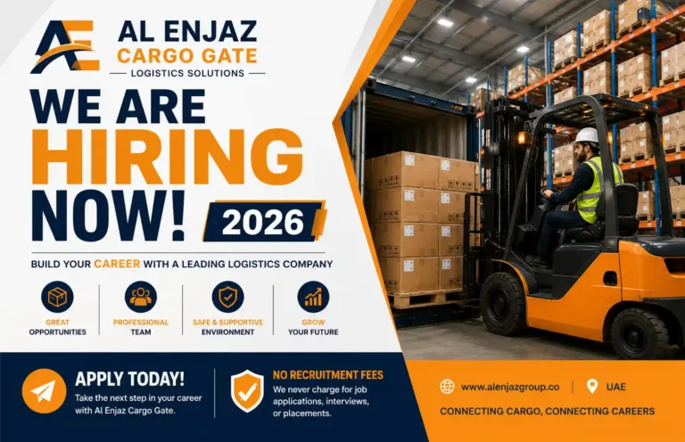 Al Enjaz Cargo Gate Jobs in UAE: Complete Guide for Logistics Professionals 9 Al Enjaz Cargo Gate hiring banner showing a forklift loading cargo inside a modern warehouse in the UAE